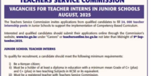 TSC advert for recruitment of 24,000 JSS intern teachers August 2025